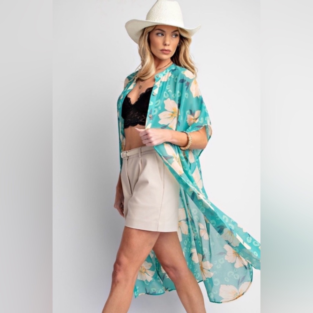 #1085 Floral Teal Sheer Kimono Cover-Up